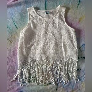 White Lace Crop Top Fringe Hem Bridal Bachelorette Coastal Cowgirl Sleeveless